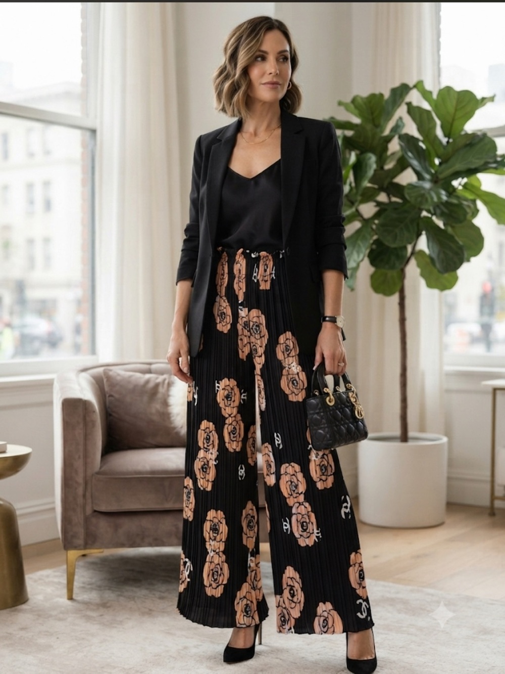 CHANEL Black Wide-Leg Floral Pleated Pants with Tan Roses